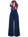 Blau 1930er Weihnachten Plaid Spitze Patchwork Jumpsuit