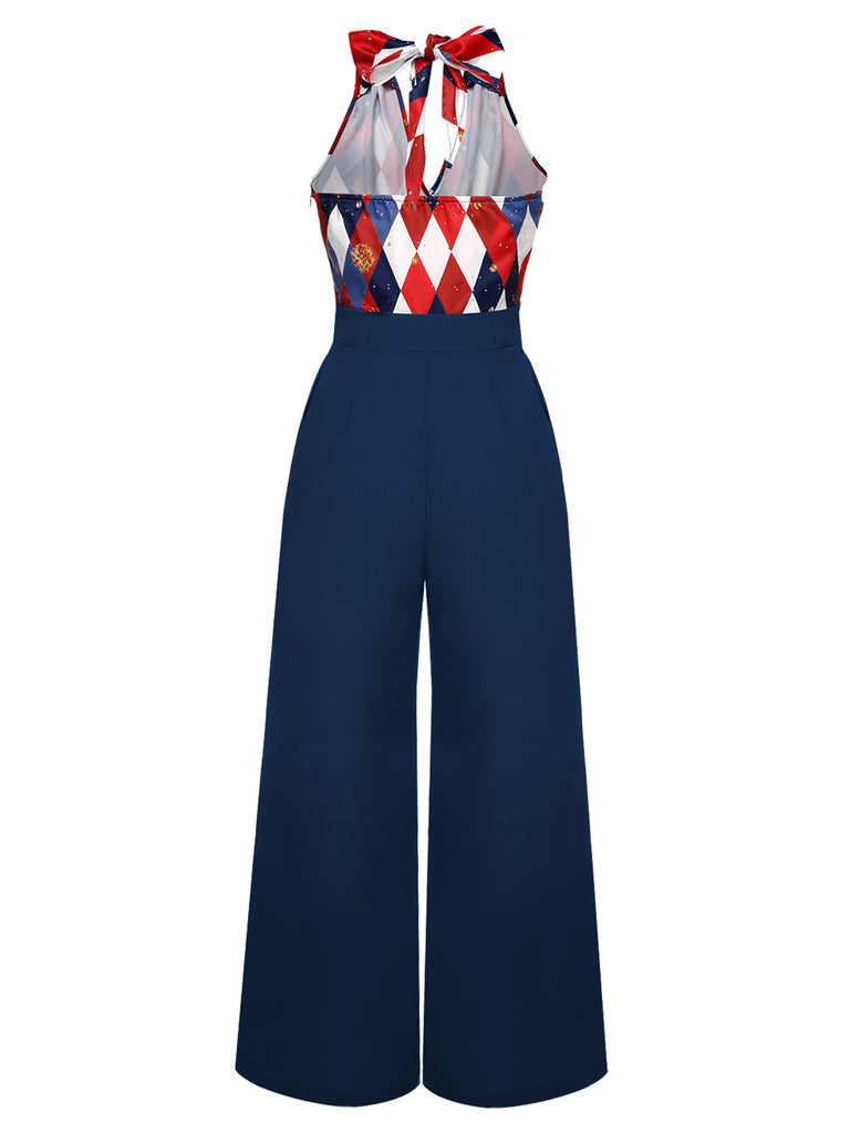 Blau 1930er Weihnachten Plaid Spitze Patchwork Jumpsuit
