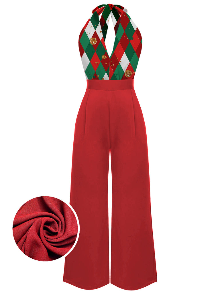 [Vorverkauf] Rot 1930er Weihnachten Plaid Spitze Patchwork Jumpsuit