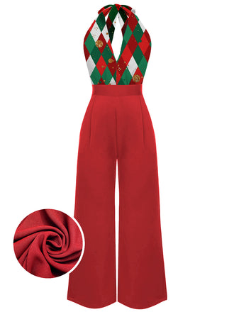 Rot 1930er Weihnachten Plaid Spitze Patchwork Jumpsuit
