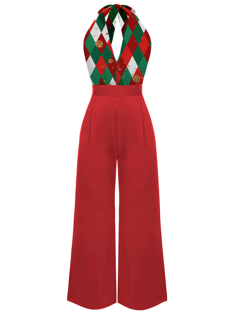 [Vorverkauf] Rot 1930er Weihnachten Plaid Spitze Patchwork Jumpsuit