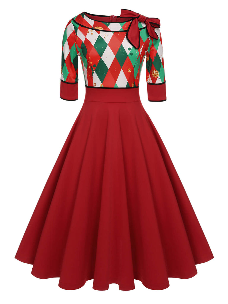 Grün 1950er Weihnachten Plaid Patchwork Kleid