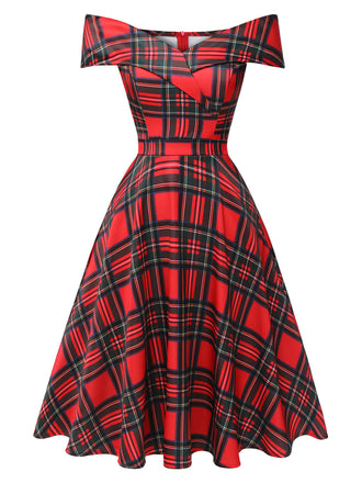 Rotes 1950er Weihnachts-Kariertes Schulterfreies Kleid