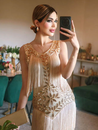 Beige 1920er V-Ausschnitt Paillettenbesetztes Mesh kleid