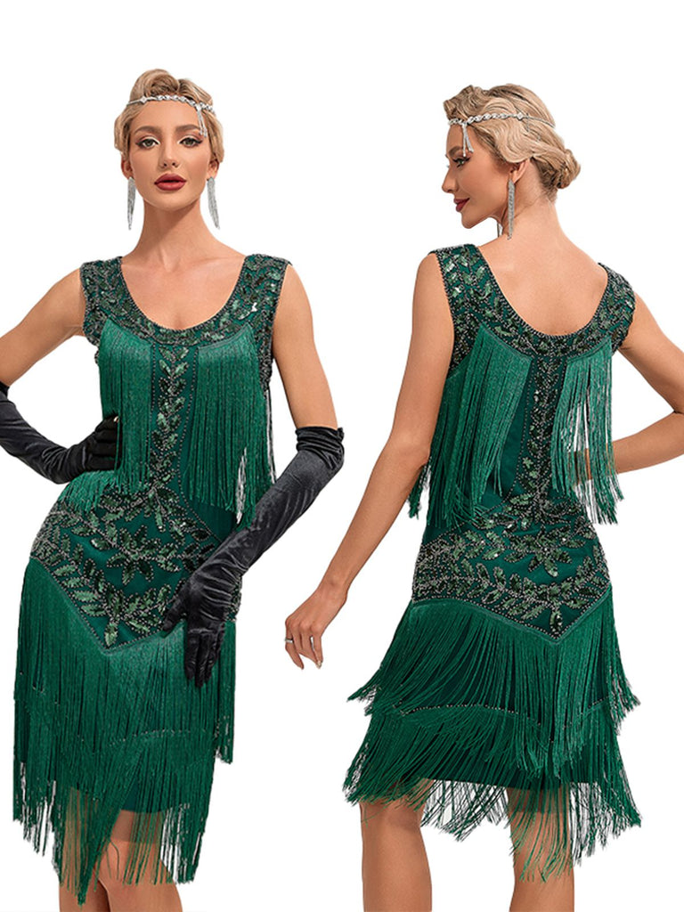 Grün 1920er V-Ausschnitt Paillettenbesetztes Mesh kleid