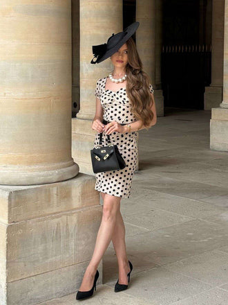 Beige 1960er Tupfen Quadratischer Hals Puffkleid