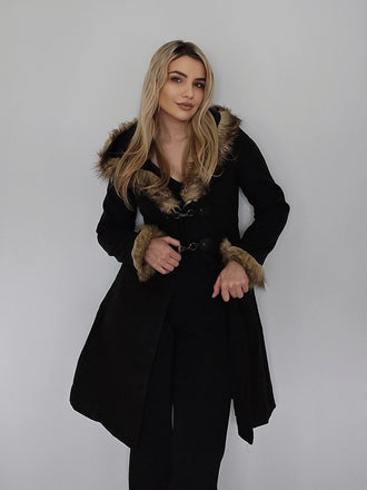 Schwarz 1950er Solide Schnalle Fell Getrimmt Mantel