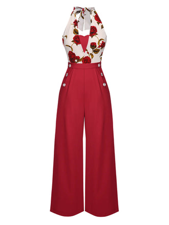 Rot 1930er Halter Tief V-Ausschnitt Rosen Jumpsuit