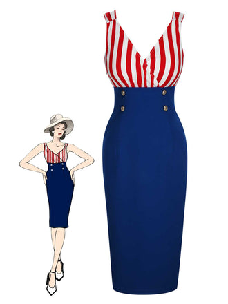 1960er V-Ausschnitt Rot Blau Kontrast Gestreiftes Kleid