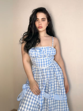 Blau 1950er Spaghettiträger Plaids Schleife Dekor Kleid