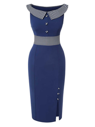 Dunkelblau 1960er Geknöpftes Streifenkleid