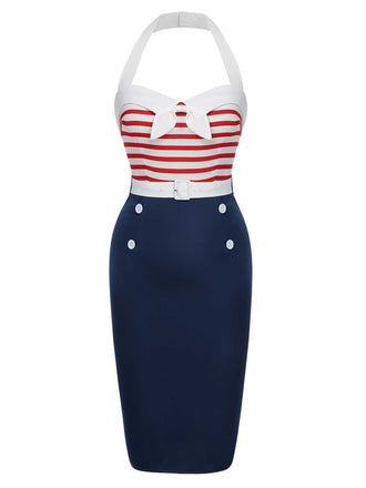 1960er Halter Streifen Bogen Kleid mit Gürtel