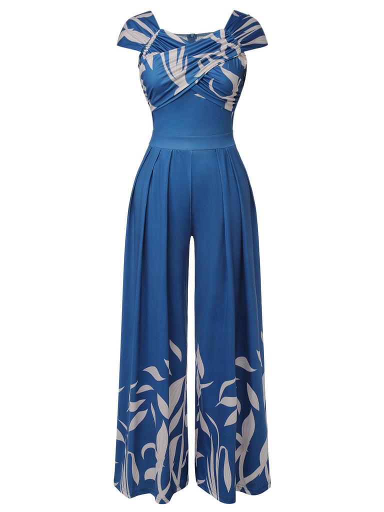 Blau 1930er Hoher Taille Pflanzenmuster Jumpsuit
