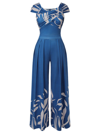 Blau 1930er Hoher Taille Pflanzenmuster Jumpsuit