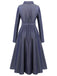 Blau 1940er Solide Hemdkragen Kleid mit Gürtel