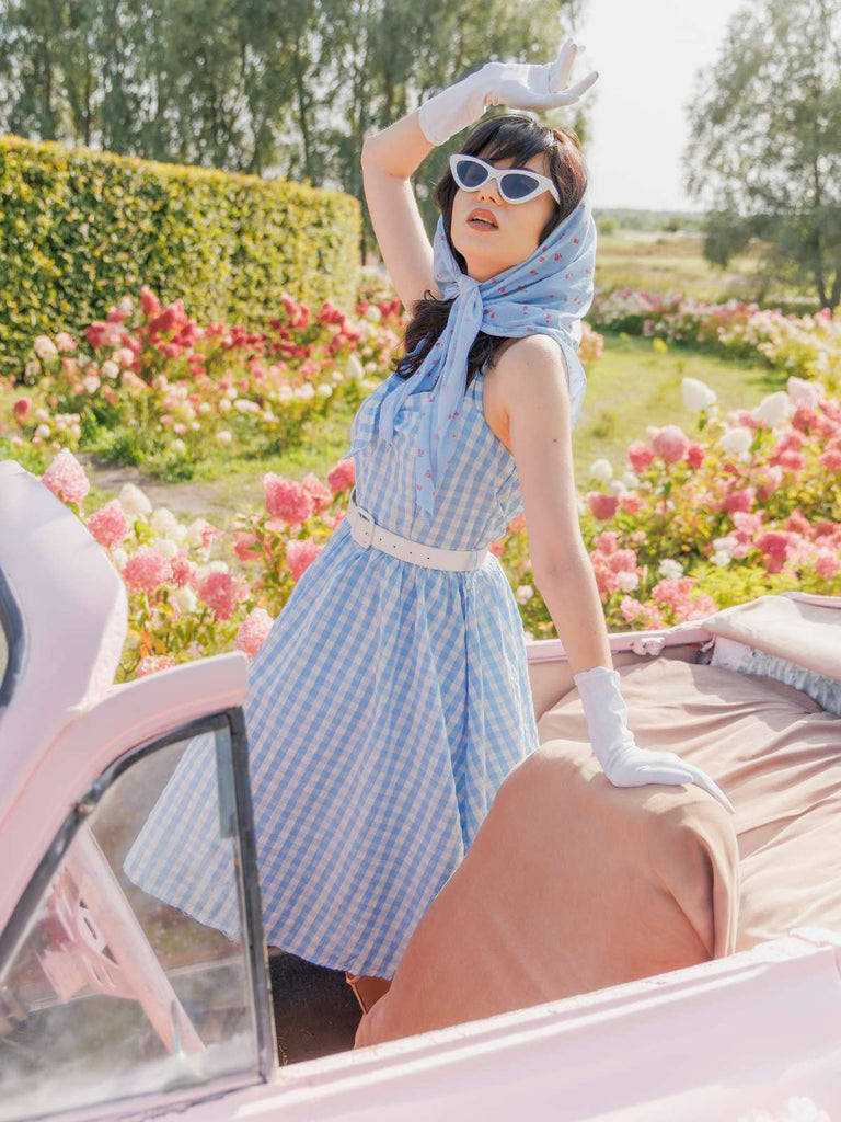 Hellblau 1950er Kariert Halter Swing Kleid