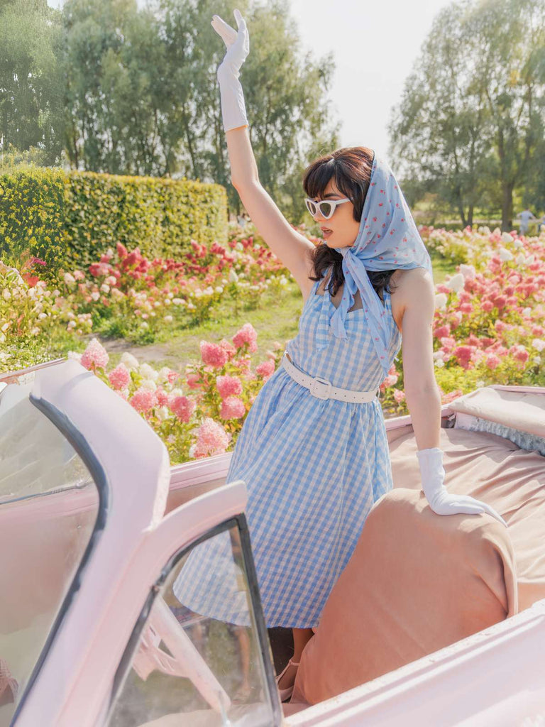 Hellblau 1950er Kariert Halter Swing Kleid