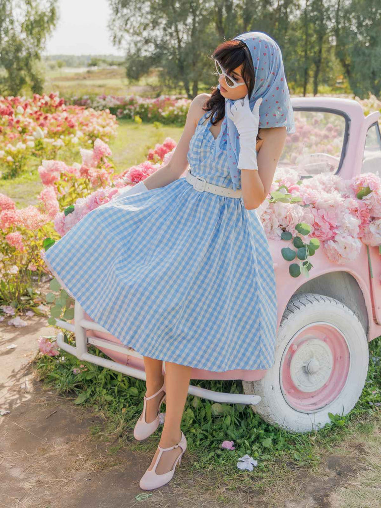 Hellblau 1950er Kariert Halter Swing Kleid