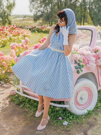 Hellblau 1950er Kariert Halter Swing Kleid