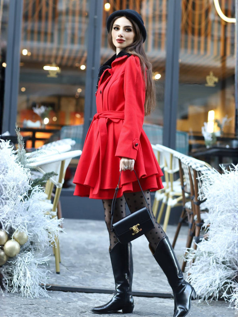 Weihnachten Pelzkragen Taillierter Winter Mantel