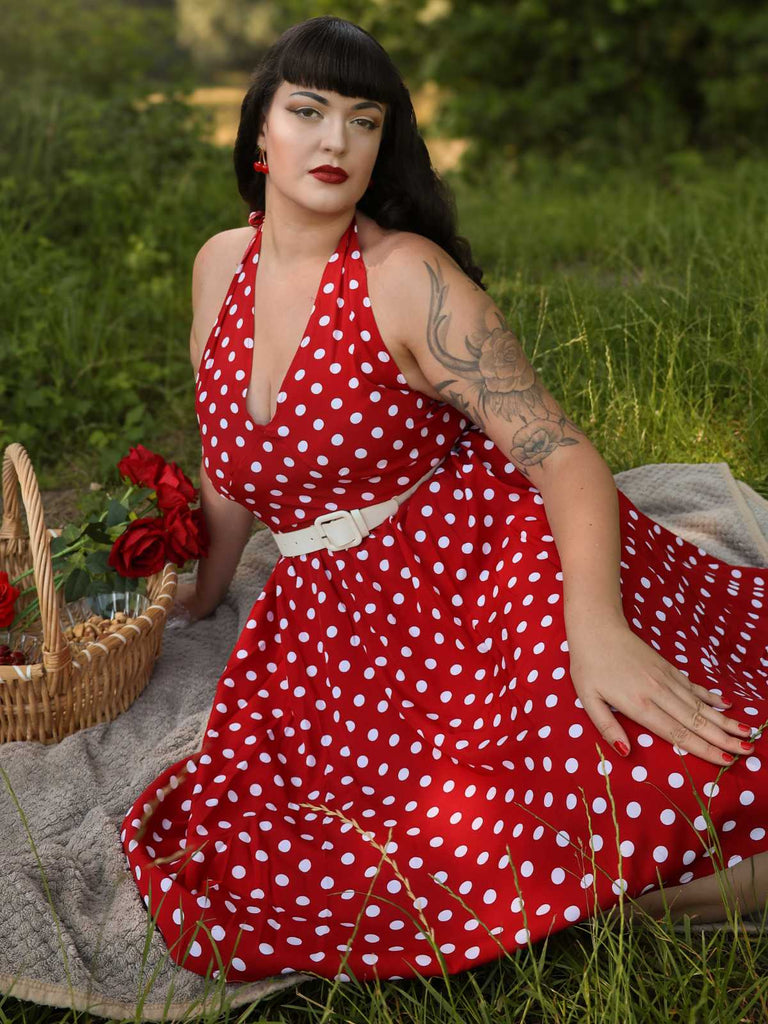 Rot 1950er Polka Dot Halter Kleid