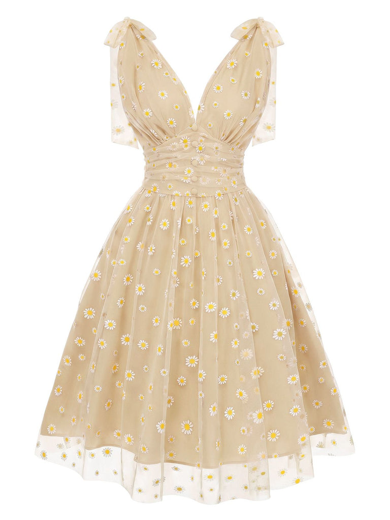 Beige 50er Netz-Swingkleid mit Gänseblümchen