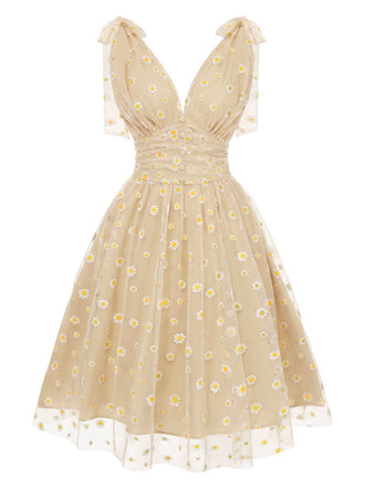 Beige 50er Netz-Swingkleid mit Gänseblümchen
