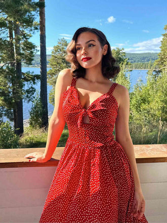 Rot 1950er Spaghetti Träger Herz Bedrucktes Kleid