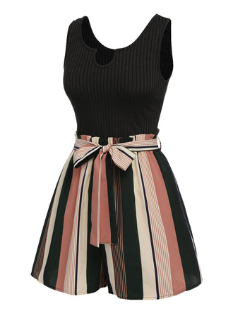 [Vorverkauf] Schwarz 1950er Streifen Gestrickter Gürtel Romper