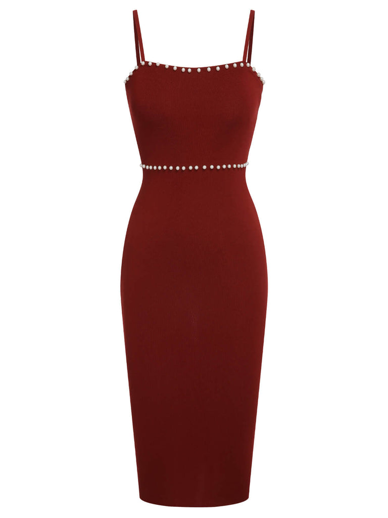 Rot 1960er Solide Perlengestricktes Sling Kleid