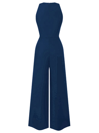 Blau 1950er Ärmellos Geknöpft Solide Jumpsuit