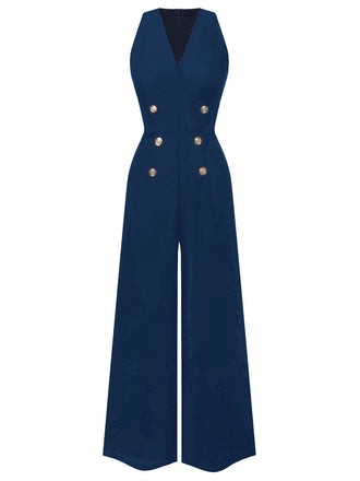 Blau 1950er Ärmellos Geknöpft Solide Jumpsuit