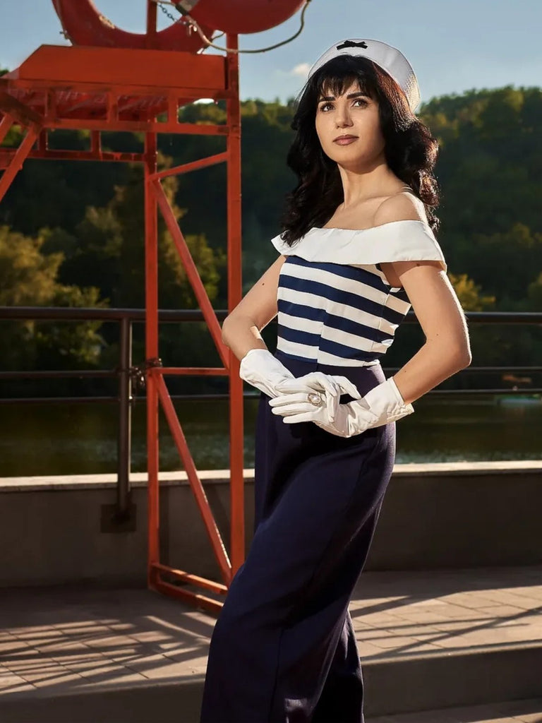 Dunkelblau 1930er Gestreifter Schulterfreier Jumpsuit