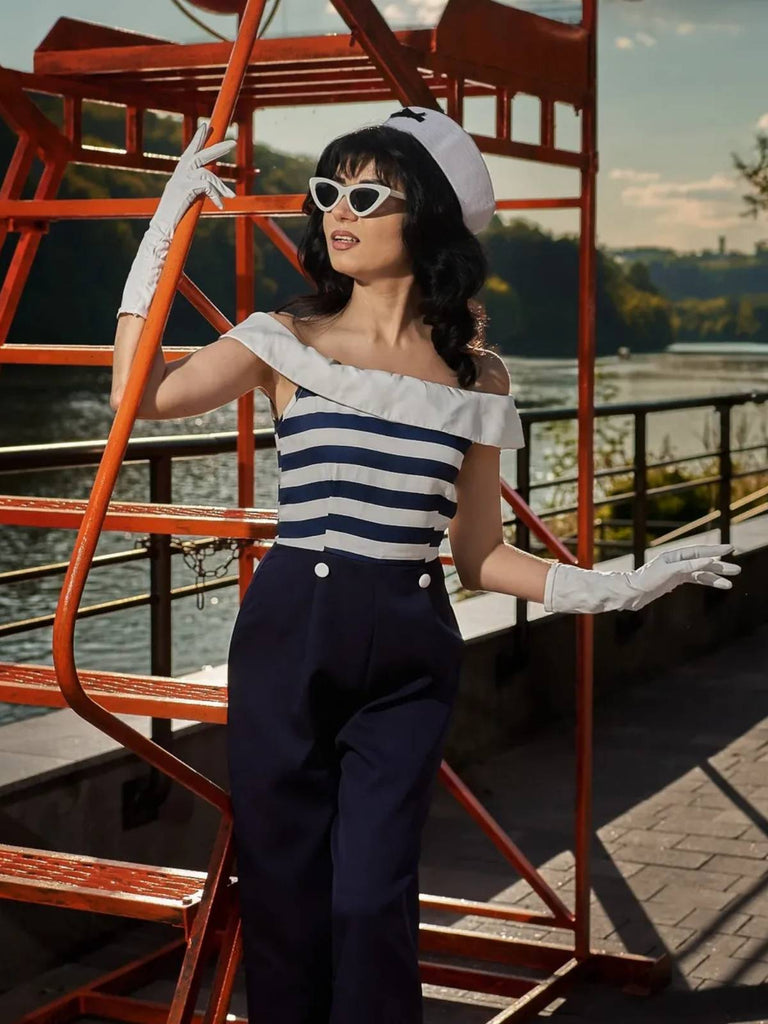 Dunkelblau 1930er Gestreifter Schulterfreier Jumpsuit