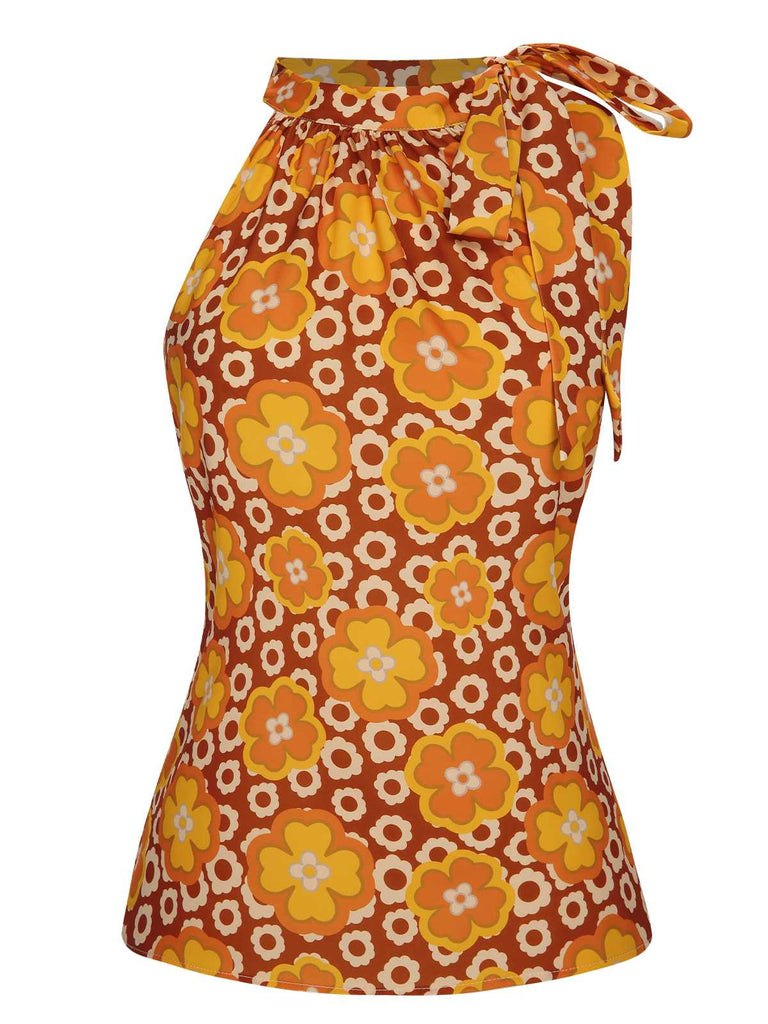 1960er Krawattenkragen Blumen Ärmellos Top