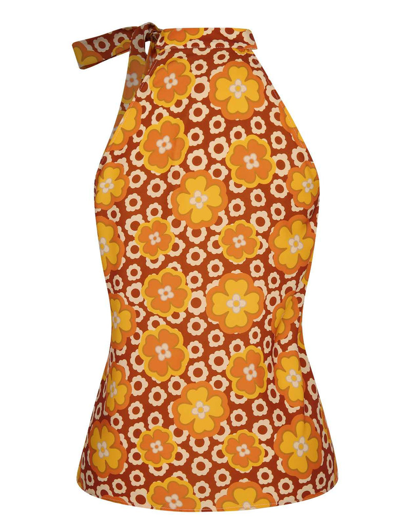 1960er Krawattenkragen Blumen Ärmellos Top