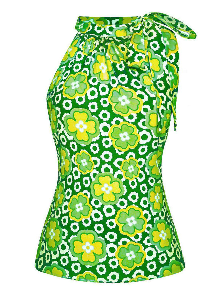 1960er Krawattenkragen Blumen Ärmellos Top