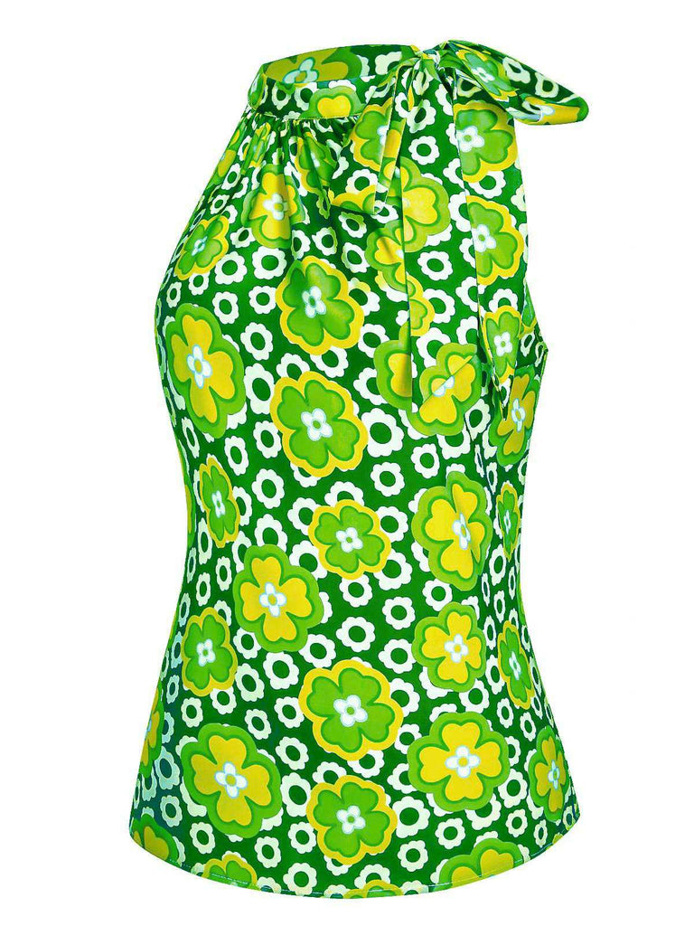 1960er Krawattenkragen Blumen Ärmellos Top
