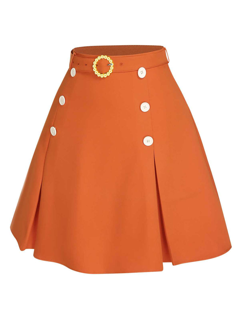 Orange Rot 1960er Solide Knöpfen Rock mit Gürtel