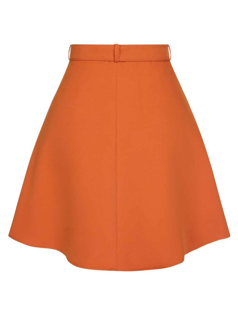 Orange Rot 1960er Solide Knöpfen Rock mit Gürtel