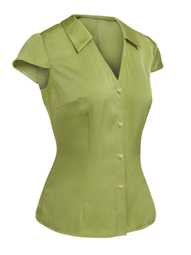 Grün 1940er Satin V-Ausschnitt Hemd mit Knöpfen