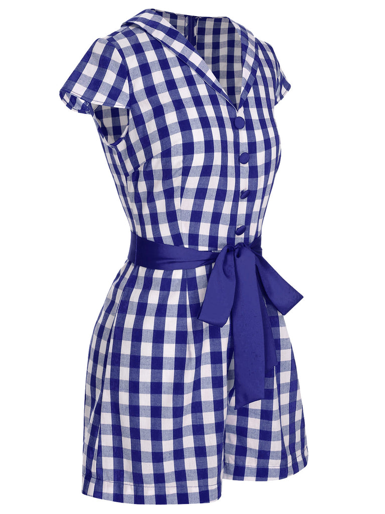 Blau 1940er Revers Plaids Romper mit Gürtel