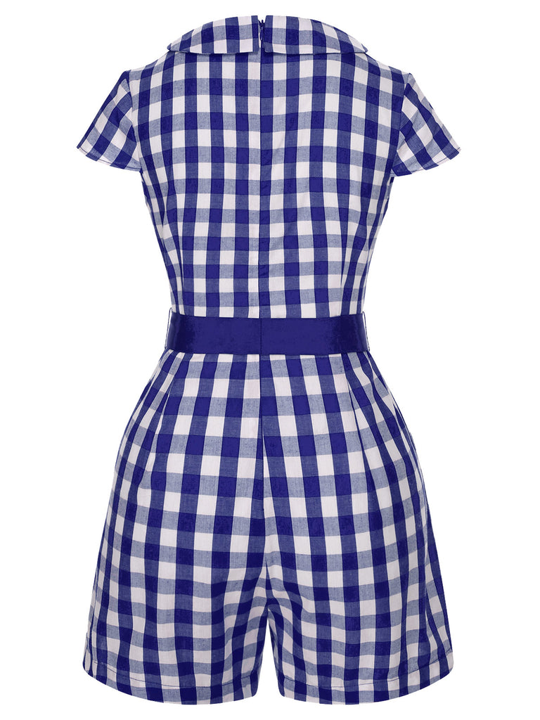 Blau 1940er Revers Plaids Romper mit Gürtel
