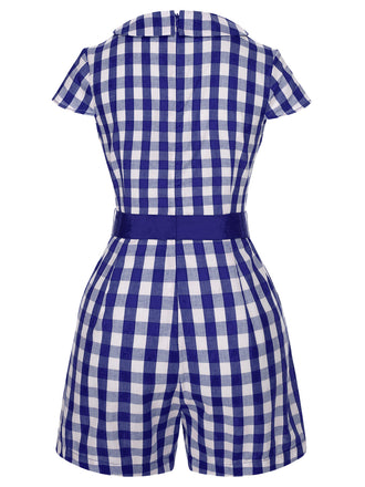 [Vorverkauf] Blau 1940er Revers Plaids Romper mit Gürtel