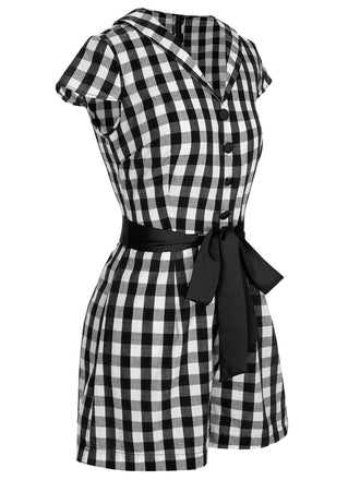 Schwarz 1940er Revers Plaids Romper mit Gürtel