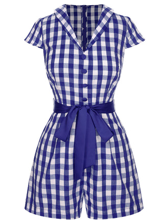 [Vorverkauf] Blau 1940er Revers Plaids Romper mit Gürtel