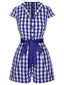 Blau 1940er Revers Plaids Romper mit Gürtel