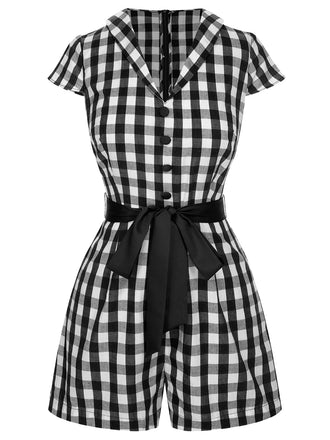 Schwarz 1940er Revers Plaids Romper mit Gürtel