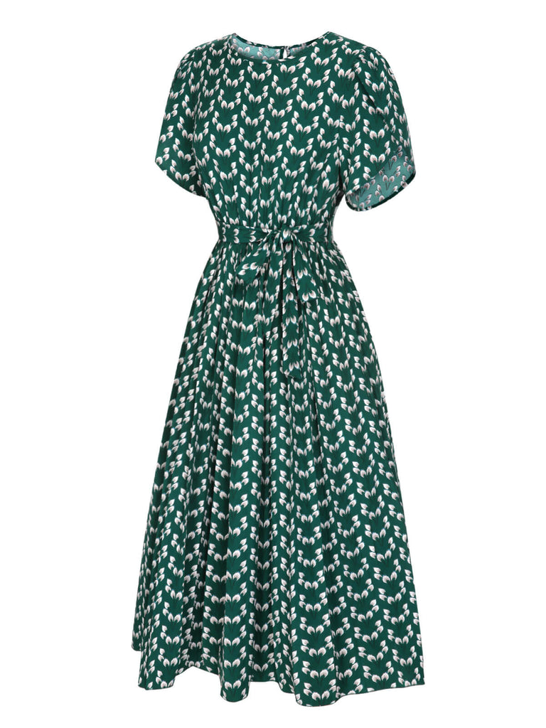 Grün 1940er Blume Taille Binden Kleid