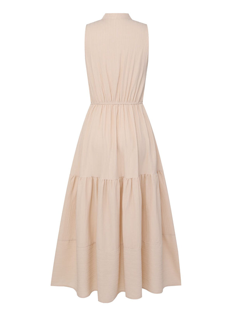 Beige 1950er Solide Stehkragen V-Ausschnitt Kleid